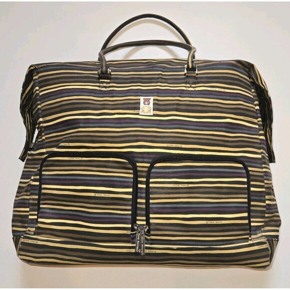 Tara Boone Striped Overnight Bag Tote Weekender Bag Large Brown Tan Pockets Hand - Picture 2 of 13